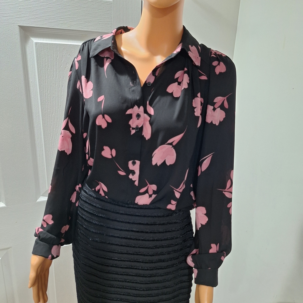 Women's Black Button-Up Blouse with Pink Floral Print